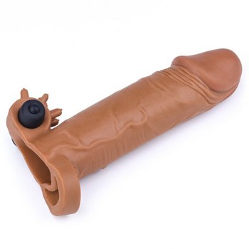 Насадка на пенис удлиняющая с вибрацией мулат Super-Realistic Penis Extension Sleeve + 5 см