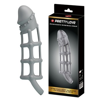 Серая силиконовая насадка Pretty Love Penis Sleeve с петлёй на мошонку