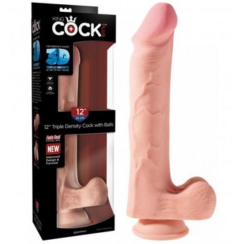 Огромный фаллос с мошонкой на присоске King Cock Plus Triple Density 33 см